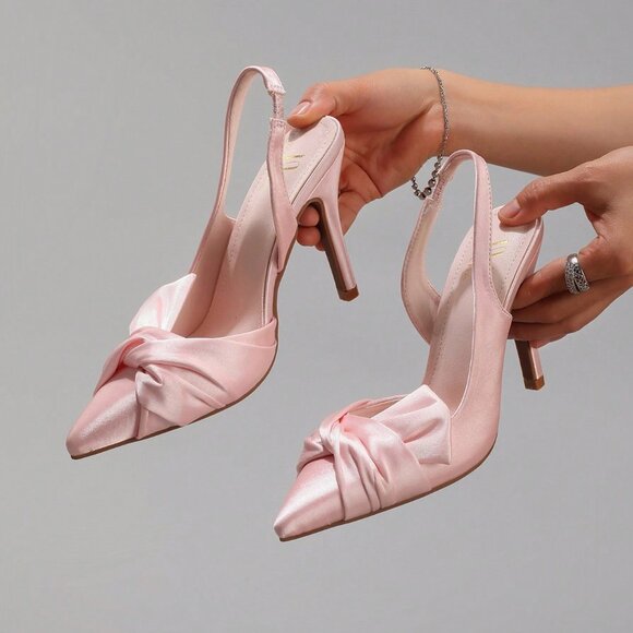 Pink Romantic Women's Knot Pointed Toe Satin Stilettos